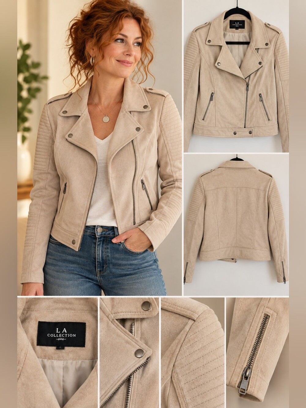 La Collection Faux Suede Moto Jacket – Stone Beige – Estimated L
